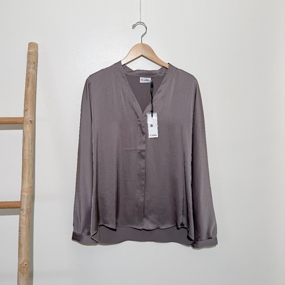NWT R Label The Reset Satin Long Sleeve Gray Mink Blouse Top